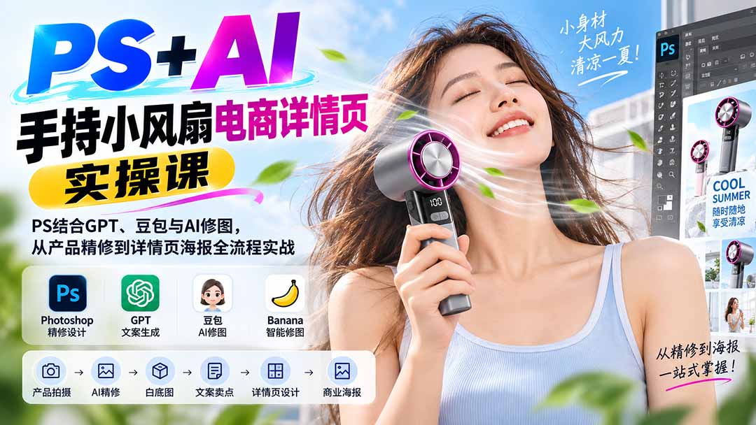 (20273期)PS+AI手持小风扇电商详情页实操课:PS结合GPT、豆包与AI修图,从产品精修到详情页海报全流程实战网创吧-网创项目资源站-副业项目-创业项目-搞钱项目网创吧
