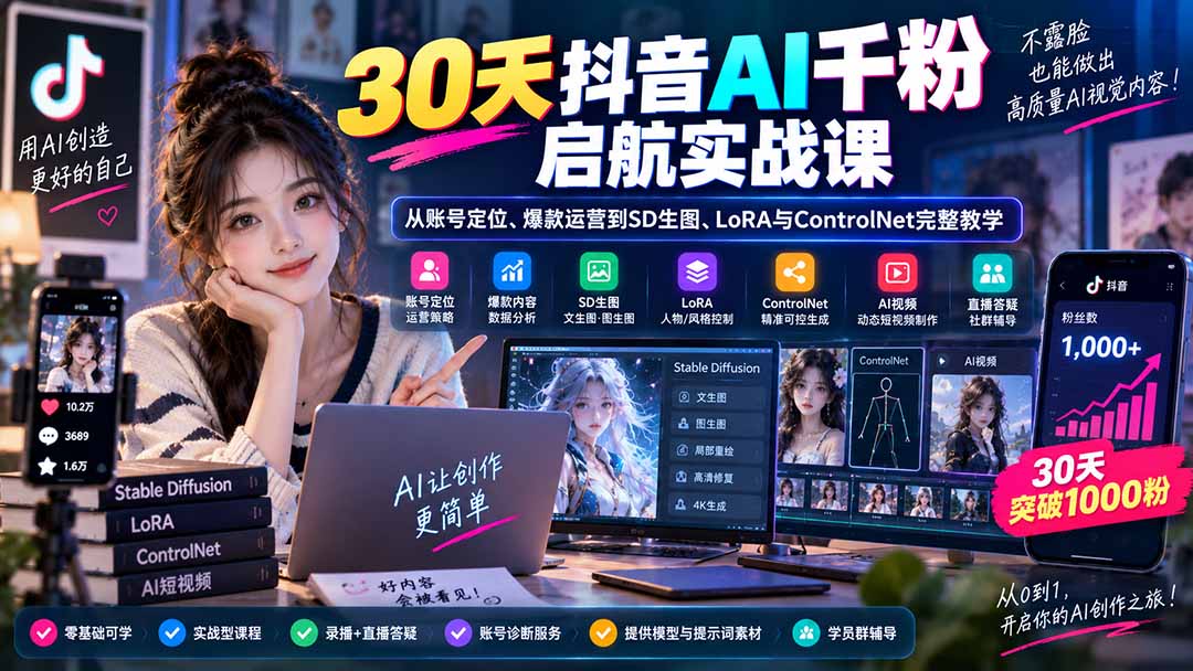 (20291期)30天抖音AI千粉启航实战课:从账号定位、爆款运营到SD生图、LoRA与ControlNet完整教学网创吧-网创项目资源站-副业项目-创业项目-搞钱项目网创吧