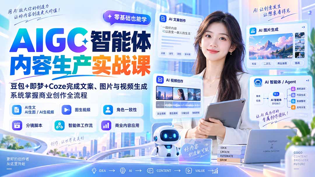 (20372期)AIGC智能体内容生产实战课:豆包+即梦+Coze完成文案、图片与视频生成,系统掌握商业创作全流程网创吧-网创项目资源站-副业项目-创业项目-搞钱项目网创吧