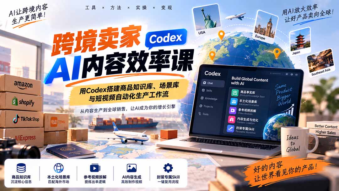 (20595期)跨境卖家AI内容效率课:用Codex搭建商品知识库、场景库与短视频自动化生产工作流网创吧-网创项目资源站-副业项目-创业项目-搞钱项目网创吧