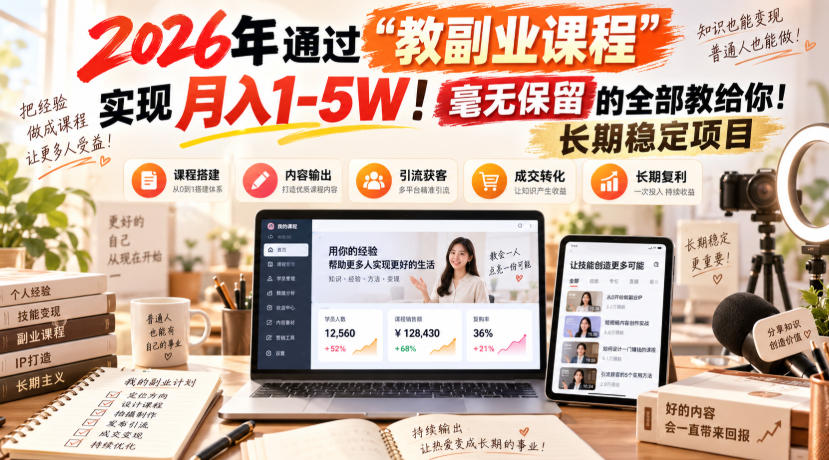 (20468期)2026年通过“教副业课程”实现月入1-5W!毫无保留的全部教给你!长期稳定项目网创吧-网创项目资源站-副业项目-创业项目-搞钱项目网创吧