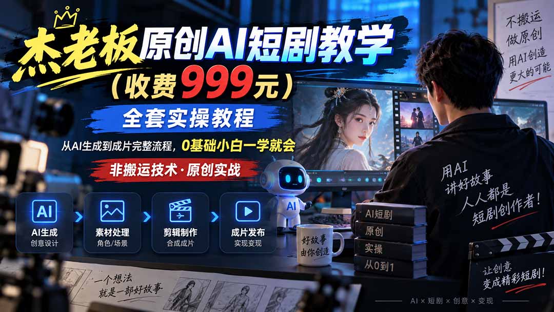 (20254期)杰老板原创AI短剧教学(收费999元),全套实操教程,0基础小白一学就会,非搬运技术网创吧-网创项目资源站-副业项目-创业项目-搞钱项目网创吧