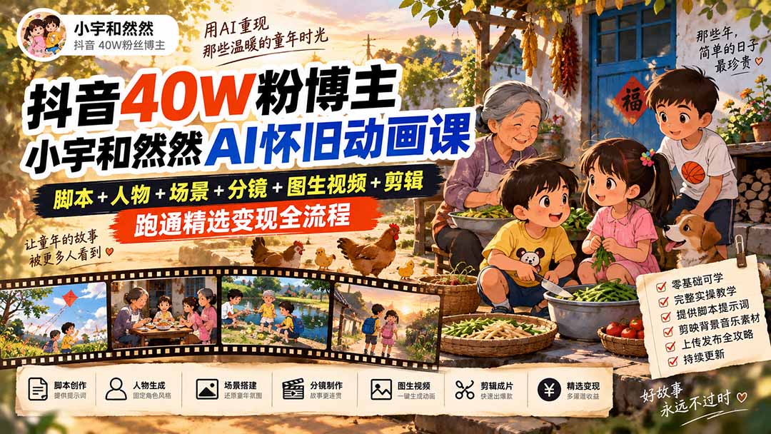 (20549期)抖音40W粉博主小宇和然然AI怀旧动画课|脚本+人物+场景+分镜+图生视频+剪辑,跑通精选变现全流程网创吧-网创项目资源站-副业项目-创业项目-搞钱项目网创吧