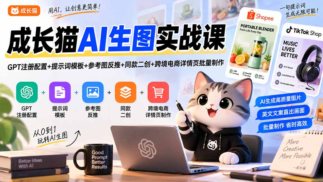 (20482期)成长猫AI生图实战课|GPT注册配置+提示词模板+参考图反推+同款二创+跨境电商详情页批量制作网创吧-网创项目资源站-副业项目-创业项目-搞钱项目网创吧