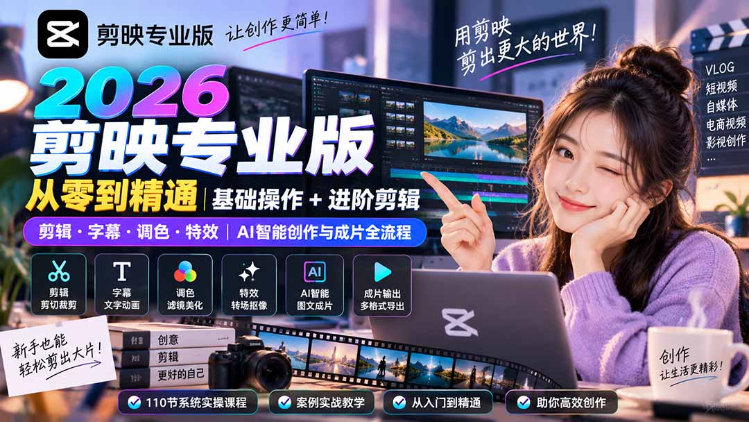 (20276期)2026剪映专业版从零到精通|基础操作+进阶剪辑|剪辑·字幕·调色·特效|AI智能创作与成片全流程网创吧-网创项目资源站-副业项目-创业项目-搞钱项目网创吧
