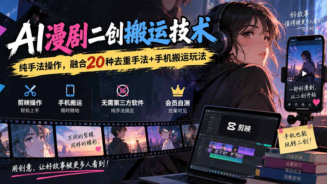 (20551期)AI漫剧二创搬运技术,纯手法操作,融合20种去重手法++手机搬运玩法网创吧-网创项目资源站-副业项目-创业项目-搞钱项目网创吧
