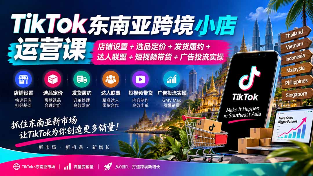 (20483期)TikTok东南亚跨境小店运营课:店铺设置+选品定价+发货履约+达人联盟+短视频带货+广告投流实操网创吧-网创项目资源站-副业项目-创业项目-搞钱项目网创吧