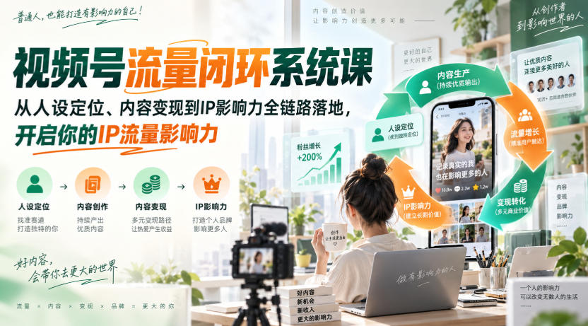 视频号流量闭环系统课，从人设定位、内容变现到IP影响力全链路落地，开启你的IP流量影响力网创吧-网创项目资源站-副业项目-创业项目-搞钱项目网创吧