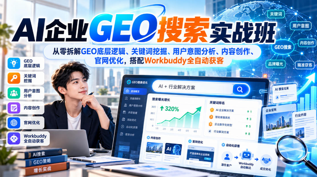 AI企业GEO搜索实战班,从零拆解GEO底层逻辑、关键词挖掘、用户意图分析、内容创作、官网优化,搭配Workbuddy全自动获客网创吧-网创项目资源站-副业项目-创业项目-搞钱项目网创吧