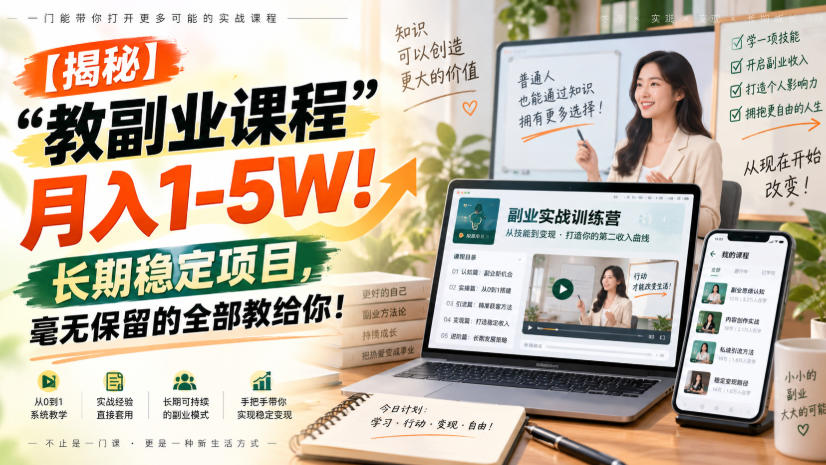 【揭秘】“教副业课程”月入1-5W！长期稳定项目，毫无保留的全部教给你！网创吧-网创项目资源站-副业项目-创业项目-搞钱项目网创吧