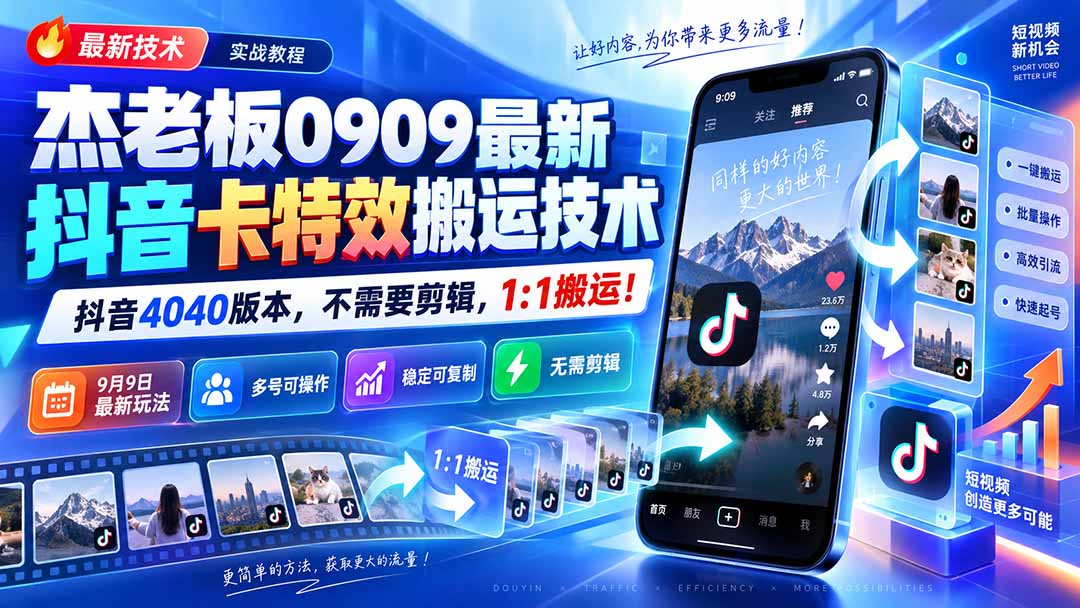 (20369期)杰老板0909最新抖音卡特效搬运技术,抖音4040版本,不需要剪辑,1:1搬运!网创吧-网创项目资源站-副业项目-创业项目-搞钱项目网创吧