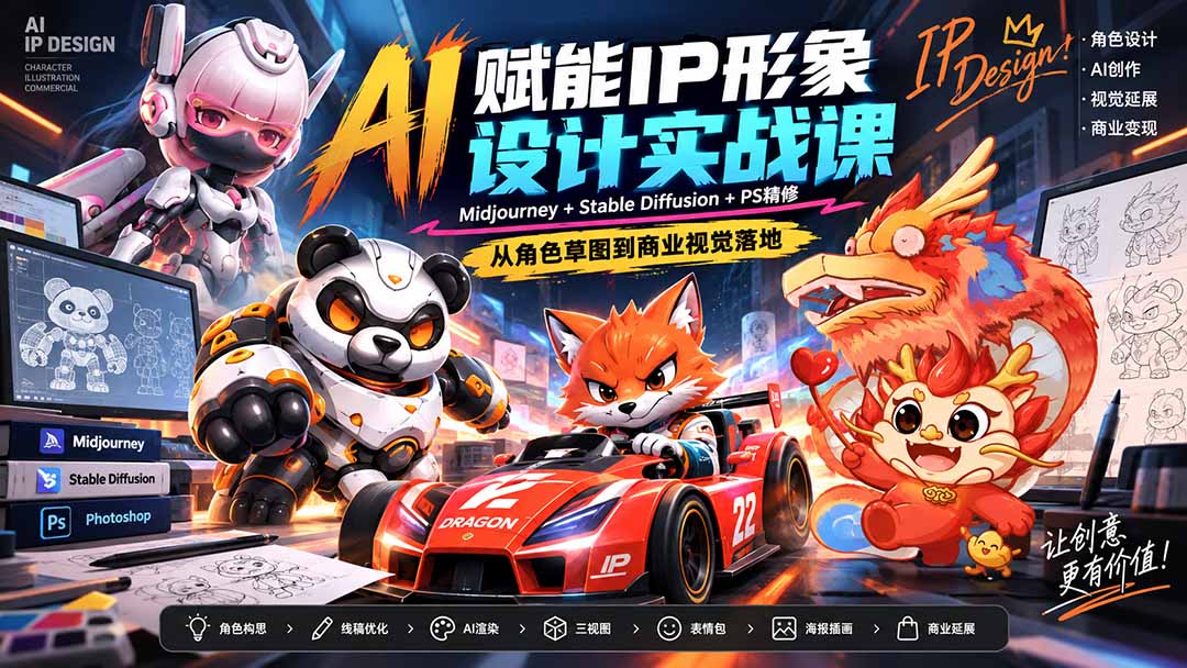 (20552期)AI赋能IP形象设计实战课-无水印:Midjourney+Stable Diffusion+PS精修,从角色草图到商业视觉落地网创吧-网创项目资源站-副业项目-创业项目-搞钱项目网创吧
