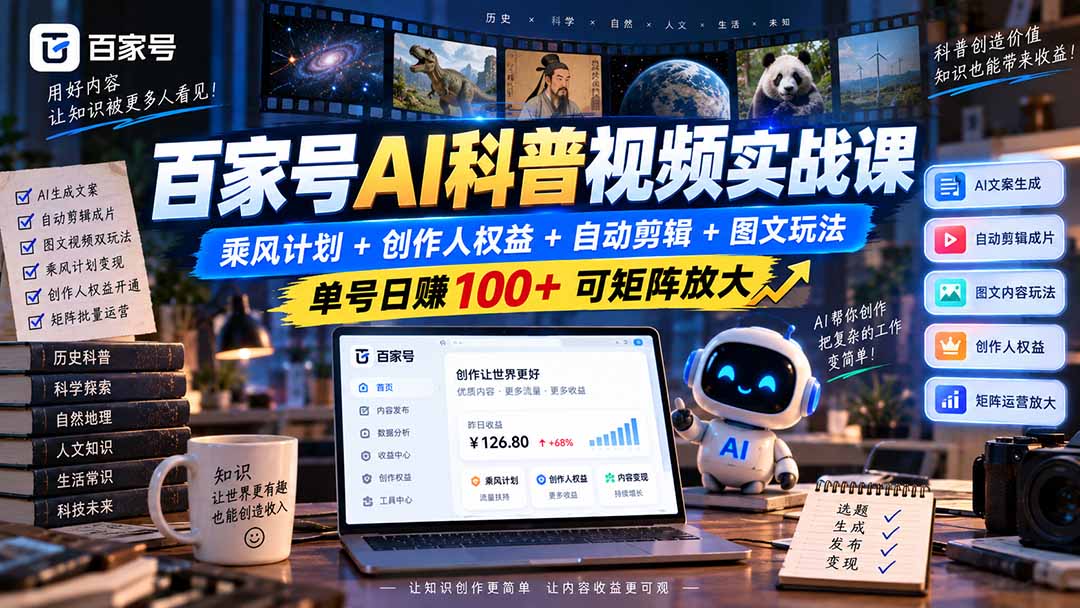 (20579期)百家号AI科普视频实战课:乘风计划+创作人权益+自动剪辑+图文玩法,单号日赚100+可矩阵放大网创吧-网创项目资源站-副业项目-创业项目-搞钱项目网创吧