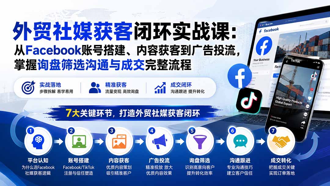 (20318期)外贸社媒获客闭环实战课:从Facebook账号搭建、内容获客到广告投流,掌握询盘筛选沟通与成交完整流程网创吧-网创项目资源站-副业项目-创业项目-搞钱项目网创吧