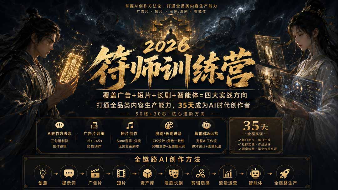 (20180期)符师训练营-35天成为AI时代创作者,广告+短片+漫剧+智能体四大实战方向,掌握从创意到上线的完整工作流网创吧-网创项目资源站-副业项目-创业项目-搞钱项目网创吧