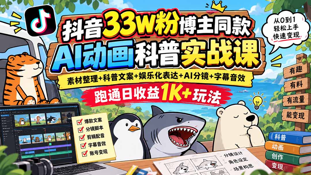 (20510期)抖音33W粉博主同款AI动画科普实战课|素材整理+科普文案+娱乐化表达+AI分镜+字幕音效,跑通日收益1K+玩法网创吧-网创项目资源站-副业项目-创业项目-搞钱项目网创吧