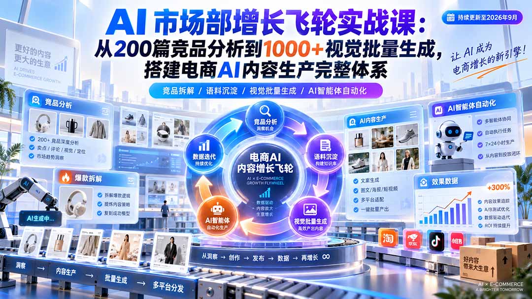 （20436期）AI 市场部增长飞轮实战课：从200篇竞品分析到1000+视觉批量生成，搭建电商AI内容生产完整体系网创吧-网创项目资源站-副业项目-创业项目-搞钱项目网创吧