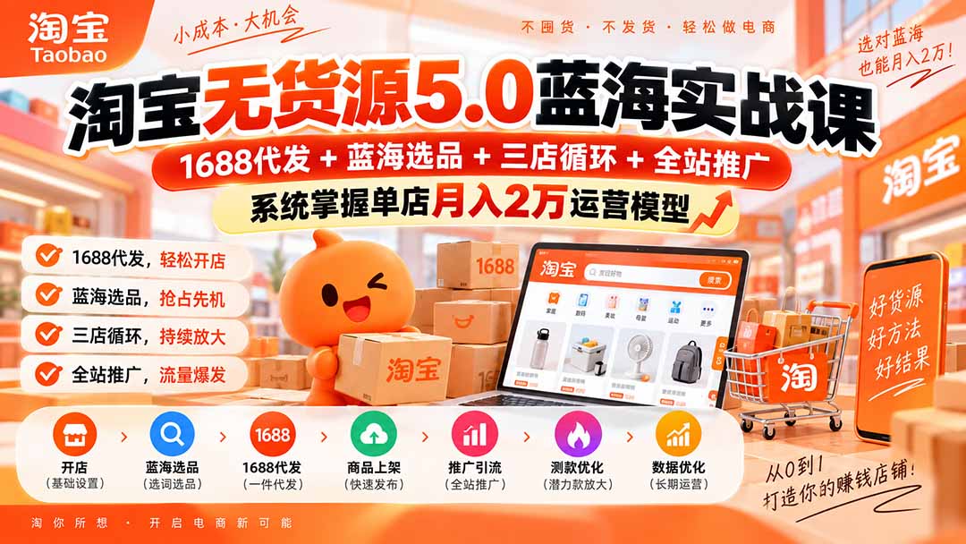（20397期）淘宝无货源5.0蓝海实战课-更新：1688代发+蓝海选品+三店循环+全站推广，系统掌握单店月入2万运营模型网创吧-网创项目资源站-副业项目-创业项目-搞钱项目网创吧