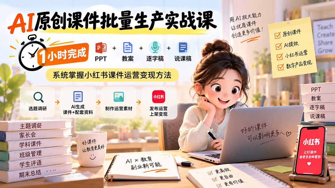 （20351期）AI原创课件批量生产实战课：1小时完成PPT+教案+逐字稿+说课稿，系统掌握小红书课件运营变现方法网创吧-网创项目资源站-副业项目-创业项目-搞钱项目网创吧