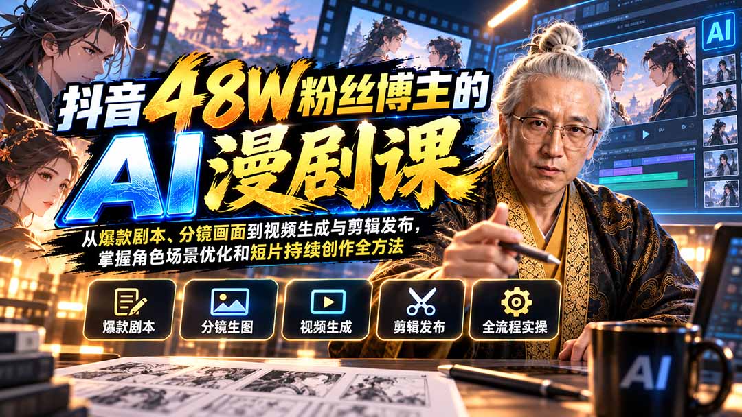 (20353期)抖音48W粉丝博主的AI漫剧课:从爆款剧本、分镜画面到视频生成与剪辑发布,掌握角色场景优化和短片持续创作全方法网创吧-网创项目资源站-副业项目-创业项目-搞钱项目网创吧