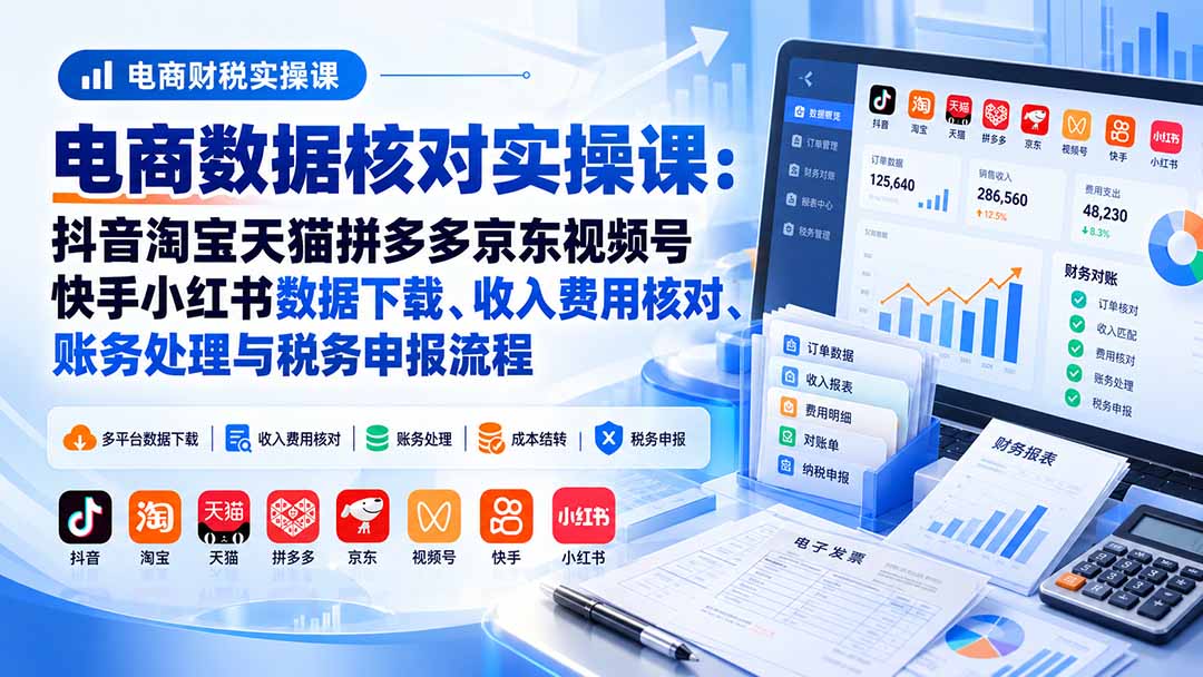(20723期)电商数据核账实操课:抖音淘宝天猫拼多多京东视频号快手小红书数据下载、收入费用核对、账务处理与税务申报流程网创吧-网创项目资源站-副业项目-创业项目-搞钱项目网创吧