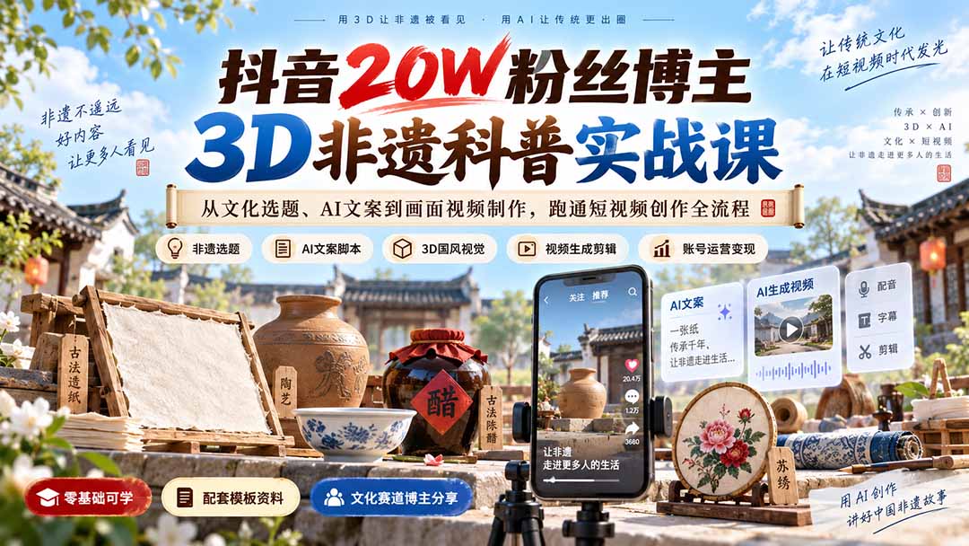 (20356期)抖音20W粉丝博主3D非遗科普实战课:从文化选题、AI文案到画面视频制作,跑通短视频创作全流程网创吧-网创项目资源站-副业项目-创业项目-搞钱项目网创吧
