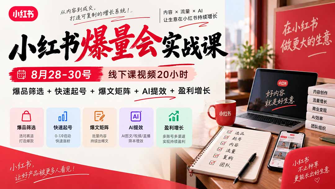 (20617期)小红书爆量会实战课-更新9月23:线下课视频20小时,爆品筛选+快速起号+爆文矩阵+AI提效+盈利增长网创吧-网创项目资源站-副业项目-创业项目-搞钱项目网创吧