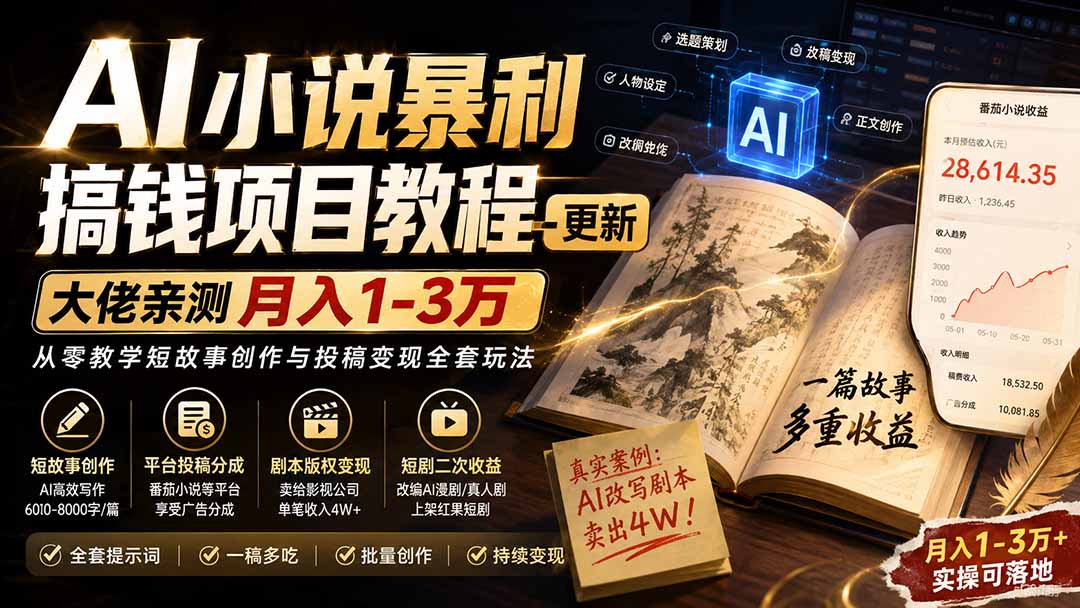 (20357期)AI小说短故事暴利搞钱项目教程-更新,大佬亲测月入1-3万,从零教学短故事创作与投稿变现全套玩法网创吧-网创项目资源站-副业项目-创业项目-搞钱项目网创吧