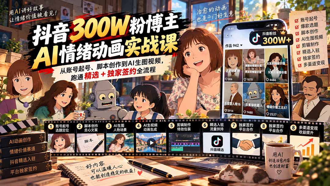 (20616期)抖音300W粉博主AI情绪动画实战课:从账号起号、脚本创作到AI生图视频,跑通精选+独家签约全流程网创吧-网创项目资源站-副业项目-创业项目-搞钱项目网创吧