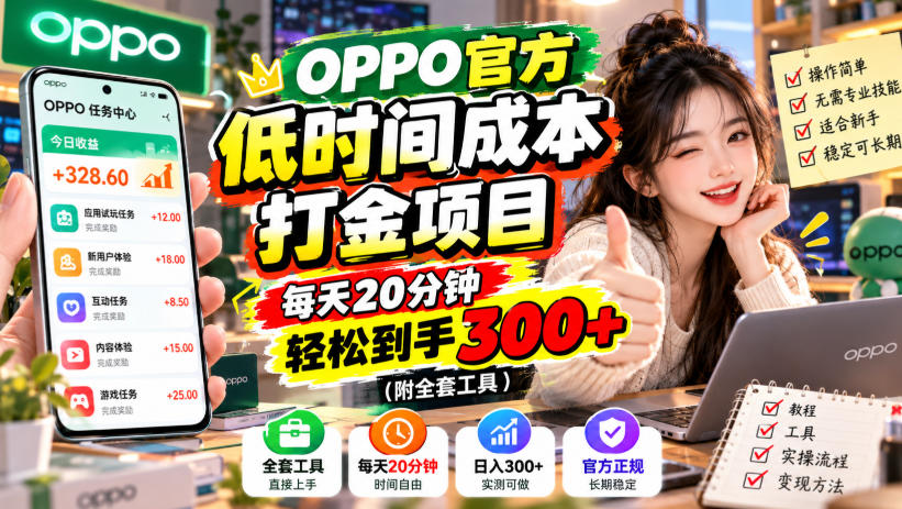 OPPO官方低时间成本打金项目,每天20分钟,轻松到手300+(附全套工具)【揭秘】网创吧-网创项目资源站-副业项目-创业项目-搞钱项目网创吧