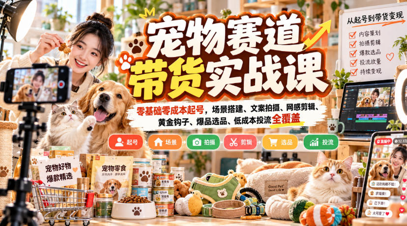 宠物赛道带货实战课,零基础零成本起号,场景搭建、文案拍摄、网感剪辑、黄金钩子、爆品选品、低成本投流全覆盖网创吧-网创项目资源站-副业项目-创业项目-搞钱项目网创吧