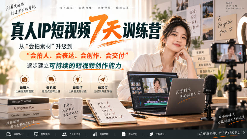 真人IP短视频7天训练营,从“会拍素材”升级到“会拍人、会表达、会创作、会交付”,逐步建立可持续的短视频创作能力网创吧-网创项目资源站-副业项目-创业项目-搞钱项目网创吧