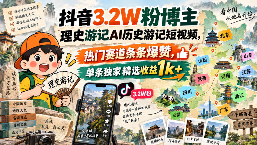 抖音3.2W粉博主理史游记AI历史游记短视频教学,热门赛道条条爆赞,单条独家精选收益1k+网创吧-网创项目资源站-副业项目-创业项目-搞钱项目网创吧