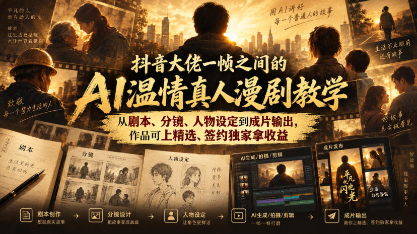 抖音大佬一帧之间的AI温情真人漫剧教学，从剧本、分镜、人物设定到成片输出，作品可上精选、签约独家拿收益网创吧-网创项目资源站-副业项目-创业项目-搞钱项目网创吧