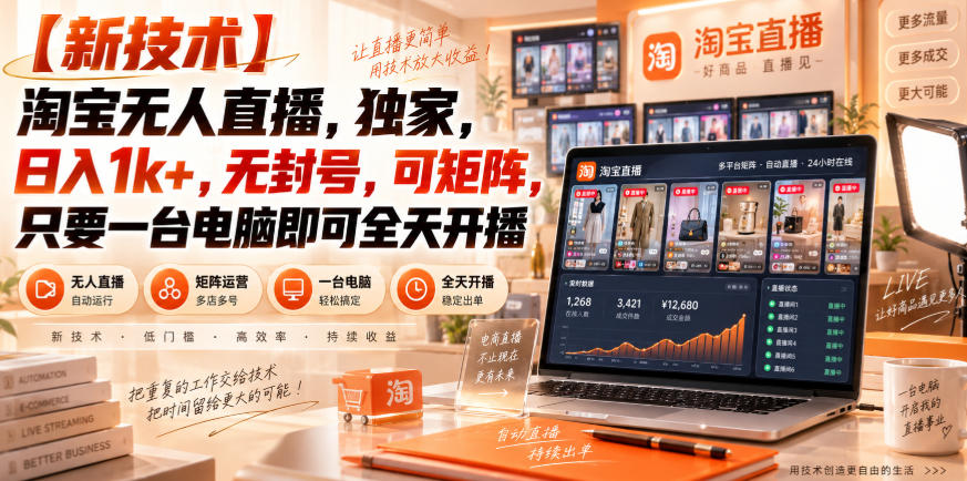 【独家新技术】淘宝无人直播,日入1k+,无封号,可矩阵,只要一台电脑即可全天开播【揭秘】网创吧-网创项目资源站-副业项目-创业项目-搞钱项目网创吧