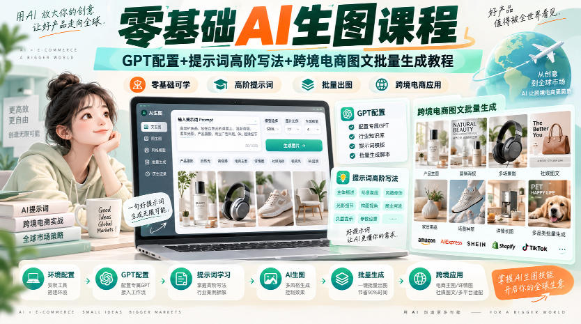 零基础AI生图课程,GPT配置+提示词高阶写法+跨境电商图文批量生成教程网创吧-网创项目资源站-副业项目-创业项目-搞钱项目网创吧
