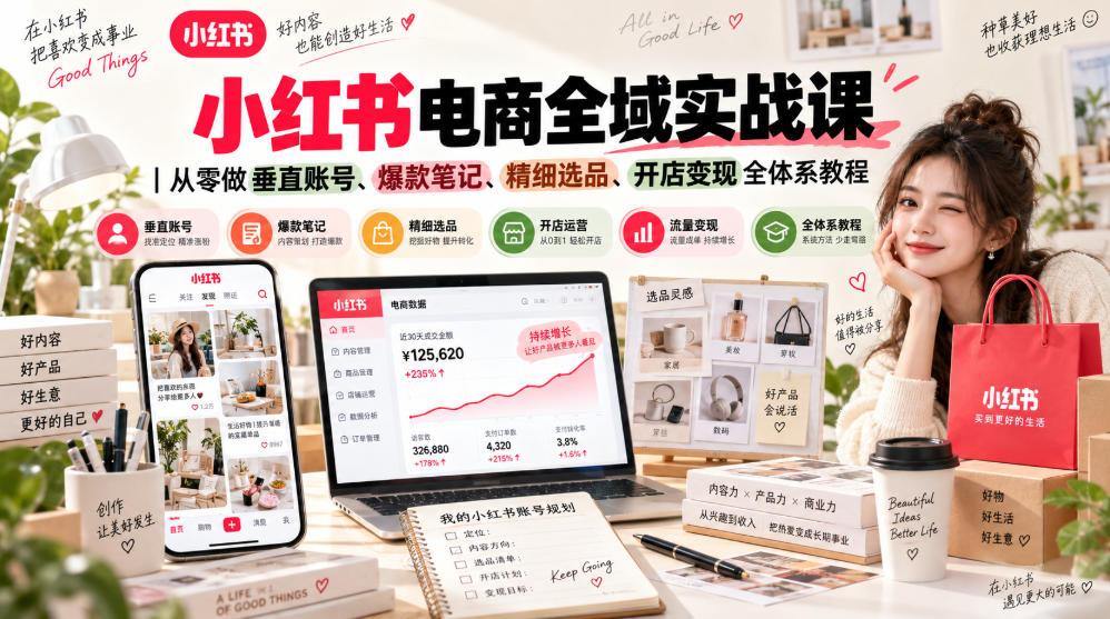 小红书电商全域实战课|从零做垂直账号、爆款笔记、精细选品、开店变现全体系教程网创吧-网创项目资源站-副业项目-创业项目-搞钱项目网创吧