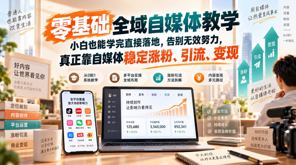 零基础全域自媒体教学，小白也能学完直接落地，告别无效努力，真正靠自媒体稳定涨粉、引流、变现网创吧-网创项目资源站-副业项目-创业项目-搞钱项目网创吧