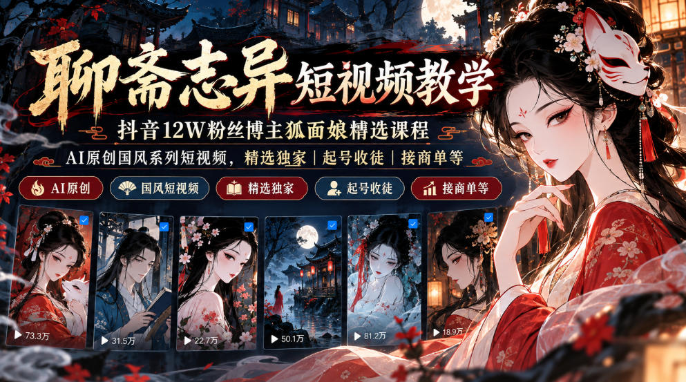 聊斋志异短视频教学,抖音12W粉丝博主狐面娘精选课程,AI原创国风系列短视频,精选独家丨起号收徒丨接商单等网创吧-网创项目资源站-副业项目-创业项目-搞钱项目网创吧