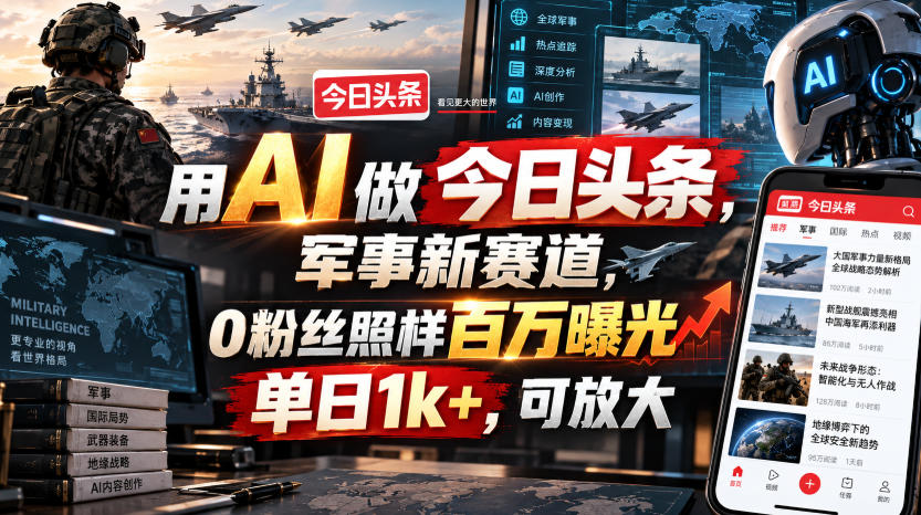 用AI做今日头条,军事新赛道,0粉丝照样百万曝光,单日1k+,可放大网创吧-网创项目资源站-副业项目-创业项目-搞钱项目网创吧