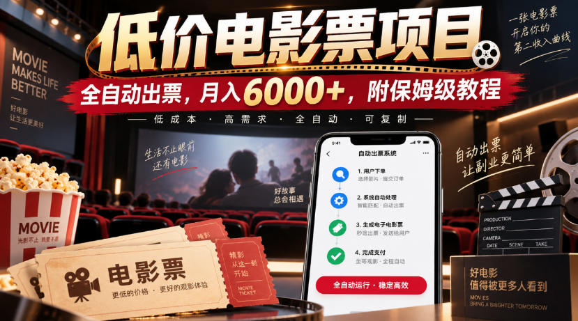 低价电影票项目，全自动出票，月入6000+，附保姆级教程【揭秘】网创吧-网创项目资源站-副业项目-创业项目-搞钱项目网创吧