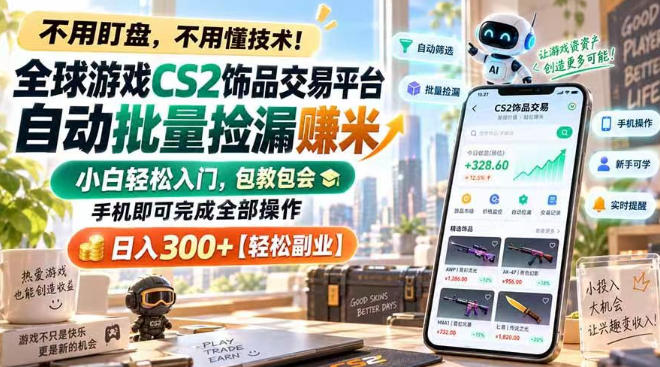 全球游戏CS2饰品交易平台自动批量捡漏賺米,小白轻松入门,包教包会,手机即可完成全部操作,日入300+【揭秘】网创吧-网创项目资源站-副业项目-创业项目-搞钱项目网创吧
