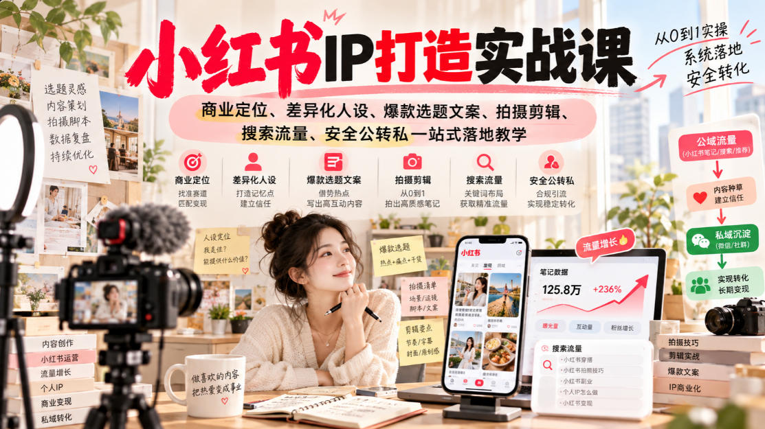 小红书ip打造实战课,商业定位、差异化人设、爆款选题文案、拍摄剪辑、搜索流量、安全公转私一站式落地教学网创吧-网创项目资源站-副业项目-创业项目-搞钱项目网创吧