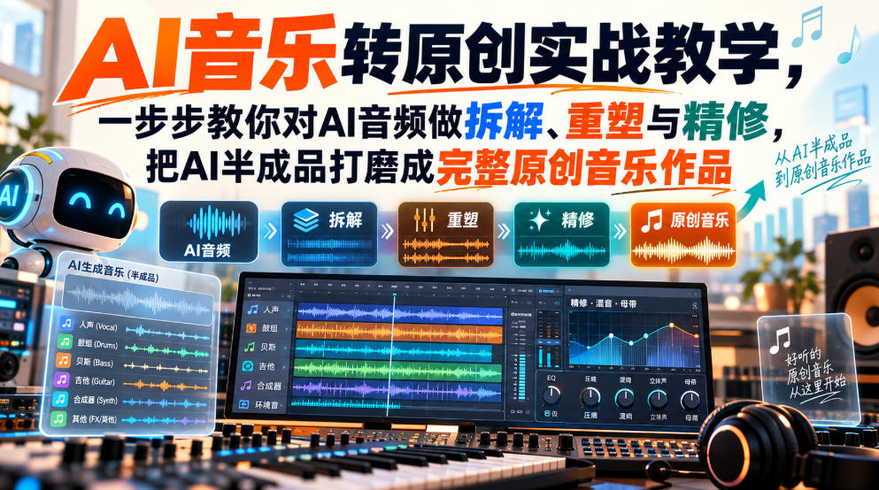 AI音乐转原创实战教学,一步步教你对AI音频做拆解、重塑与精修,把AI半成品打磨成完整原创音乐作品网创吧-网创项目资源站-副业项目-创业项目-搞钱项目网创吧