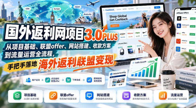 国外返利网项目3.0PLUS,从项目基础、联盟offer、网站搭建、收款方案到流量运营全流程,手把手落地海外返利联盟变现网创吧-网创项目资源站-副业项目-创业项目-搞钱项目网创吧