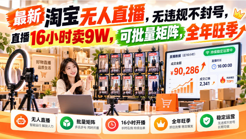 最新淘宝无人直播,无违规不封号,直播16小时卖9W,可批量矩阵,全年旺季【揭秘】网创吧-网创项目资源站-副业项目-创业项目-搞钱项目网创吧