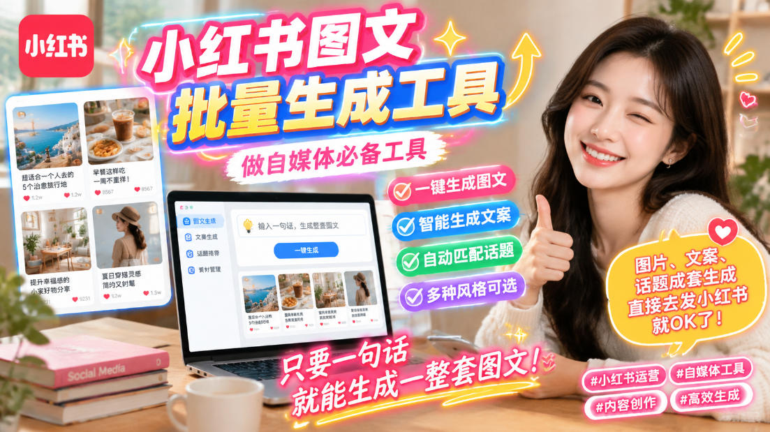 小红书图文批量生成工具,话题、文案、配图一键生成,直接发布,做自媒体必备工具网创吧-网创项目资源站-副业项目-创业项目-搞钱项目网创吧