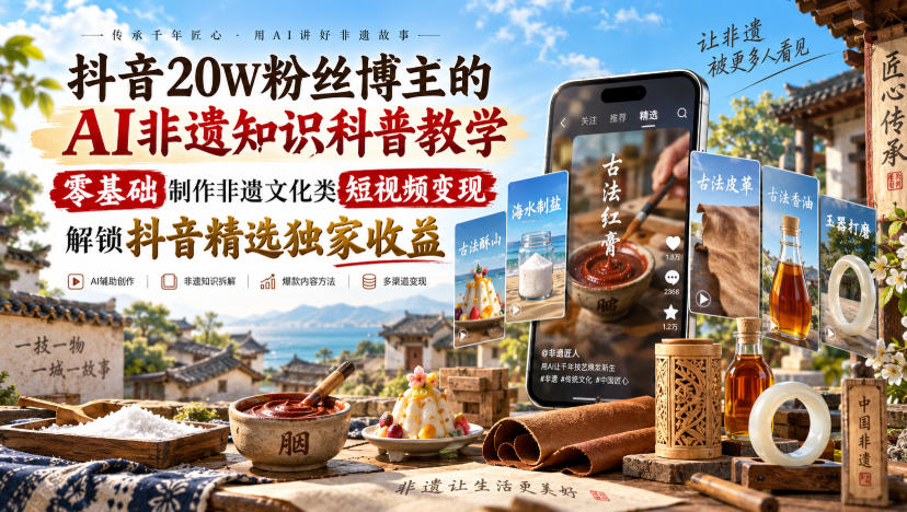抖音20W粉丝博主的AI非遗知识科普教学，零基础制作非遗文化类短视频变现，解锁抖音精选独家收益网创吧-网创项目资源站-副业项目-创业项目-搞钱项目网创吧