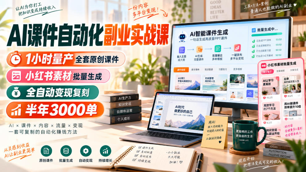 AI课件自动化副业实战课,1小时量产全套原创课件,小红书素材批量生成,全自动变现复刻,半年3000单网创吧-网创项目资源站-副业项目-创业项目-搞钱项目网创吧