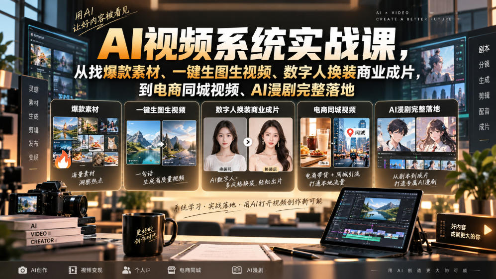 AI视频系统实战课,从找爆款素材、一键生图生视频、数字人换装商业成片,到电商同城视频、AI漫剧完整落地网创吧-网创项目资源站-副业项目-创业项目-搞钱项目网创吧
